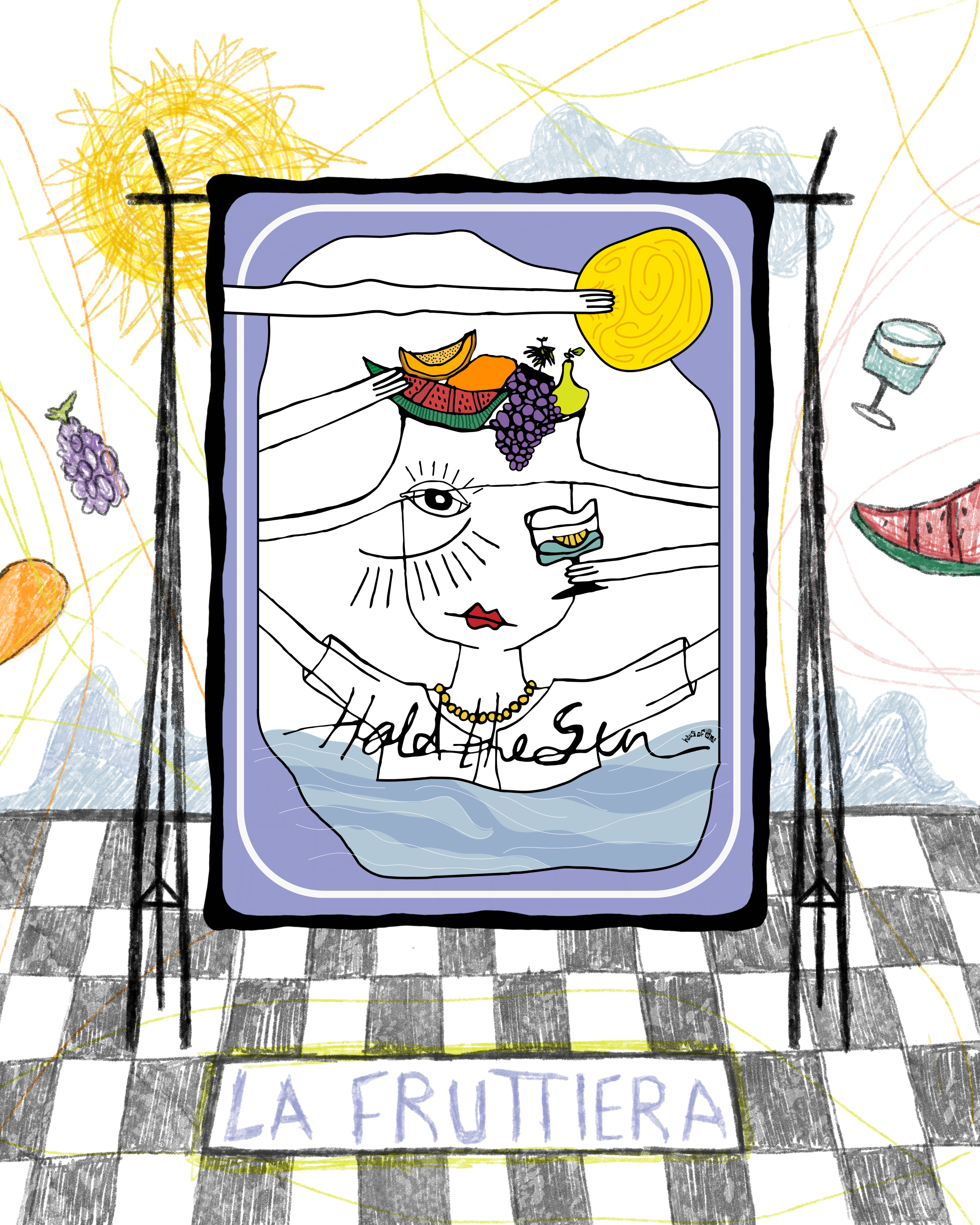 Illustration of a person with fruit-themed elements and 'La Fruttiera' branding on a checkered background.